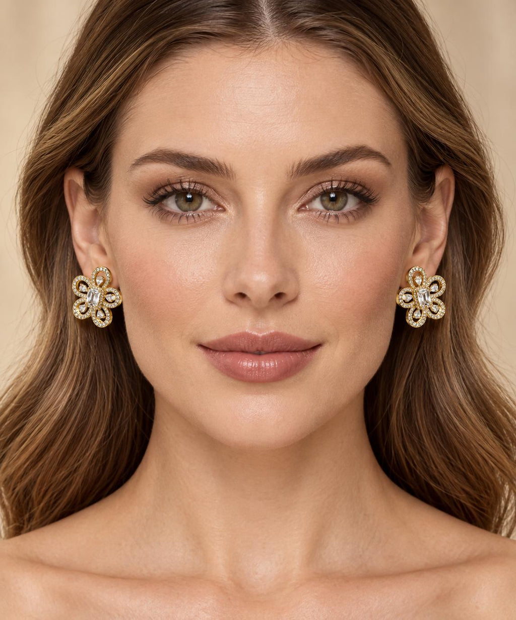 Aretes Florales Dorados con Piedras Brillantes Grandes, Aretes de Tuerca Elegantes para Mujer SUY