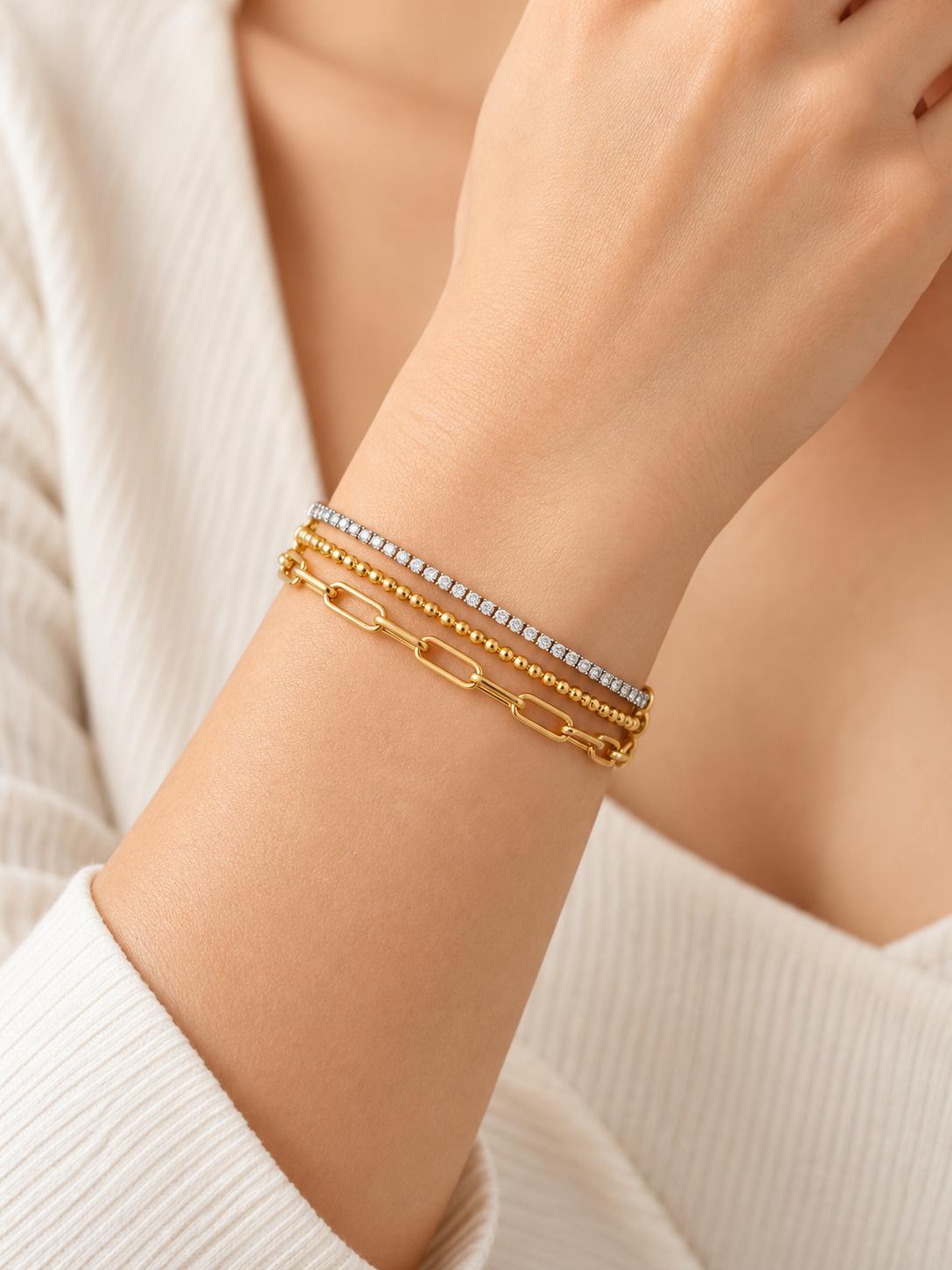 Pulsera doble cadena dorada con circonitas brillantes, pulsera elegante de moda SUY