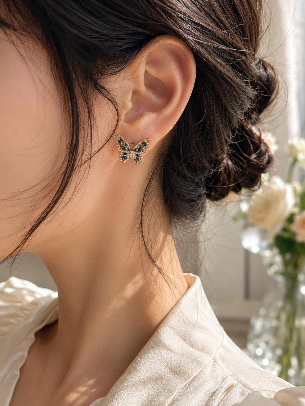 Aretes de Mariposa para Mujer con Zirconias Brillantes y Cristales Azules, Elegantes y Modernos | SUY