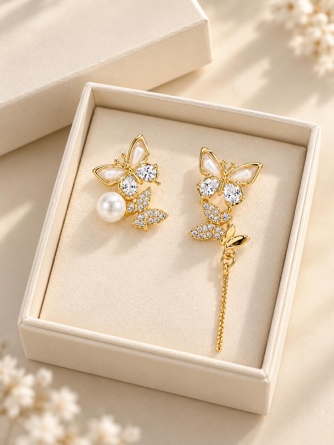 Pendientes asimétricos de mariposa con perla y circonias, joyería elegante para mujer SUY