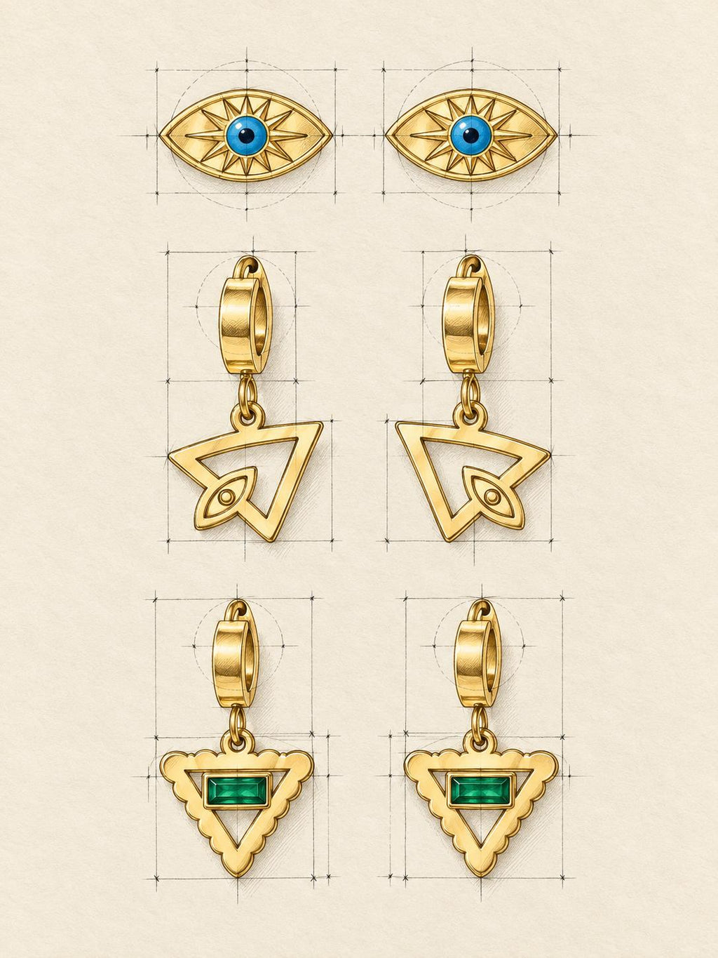 Set de 3 pares de aretes dorados para mujer, diseños de ojo azul y triángulos