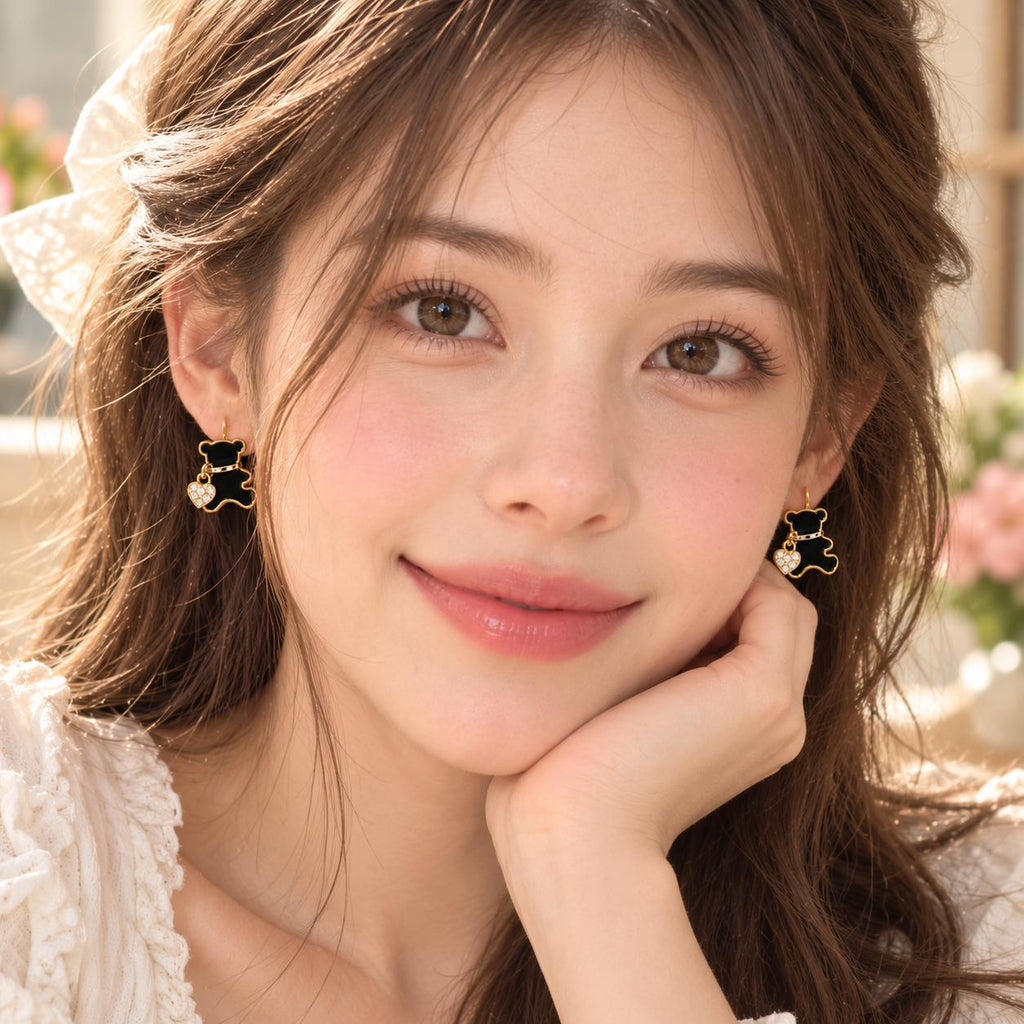 Set de 3 pares de aretes para mujer, ositos con corazón, Love y piedra brillante, tono dorado – 6 piezas