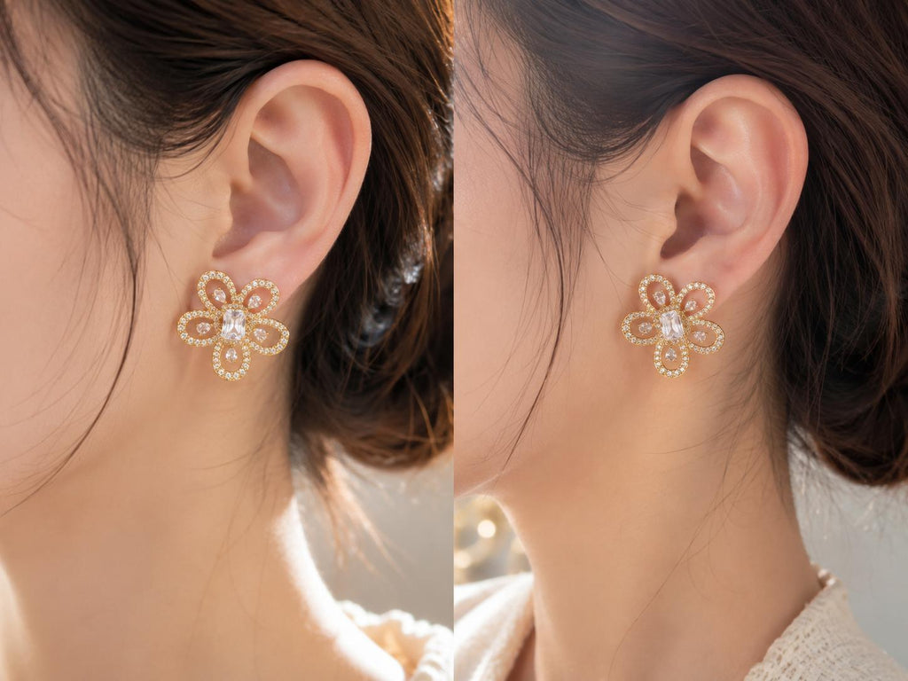 Aretes Florales Dorados con Piedras Brillantes Grandes, Aretes de Tuerca Elegantes para Mujer SUY