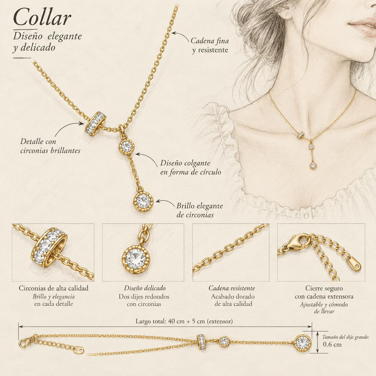 Collar dorado fino con circonitas colgantes, collar elegante de cadena fina SUY
