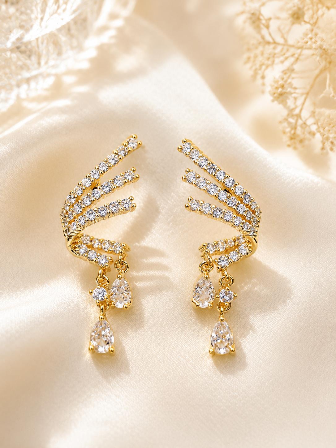 Pendientes dorados en forma de ala con circonias gota, diseño elegante para mujer SUY