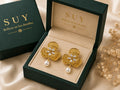 Aretes dorados flor con circonitas y perla colgante SUY, pendientes vintage mujer