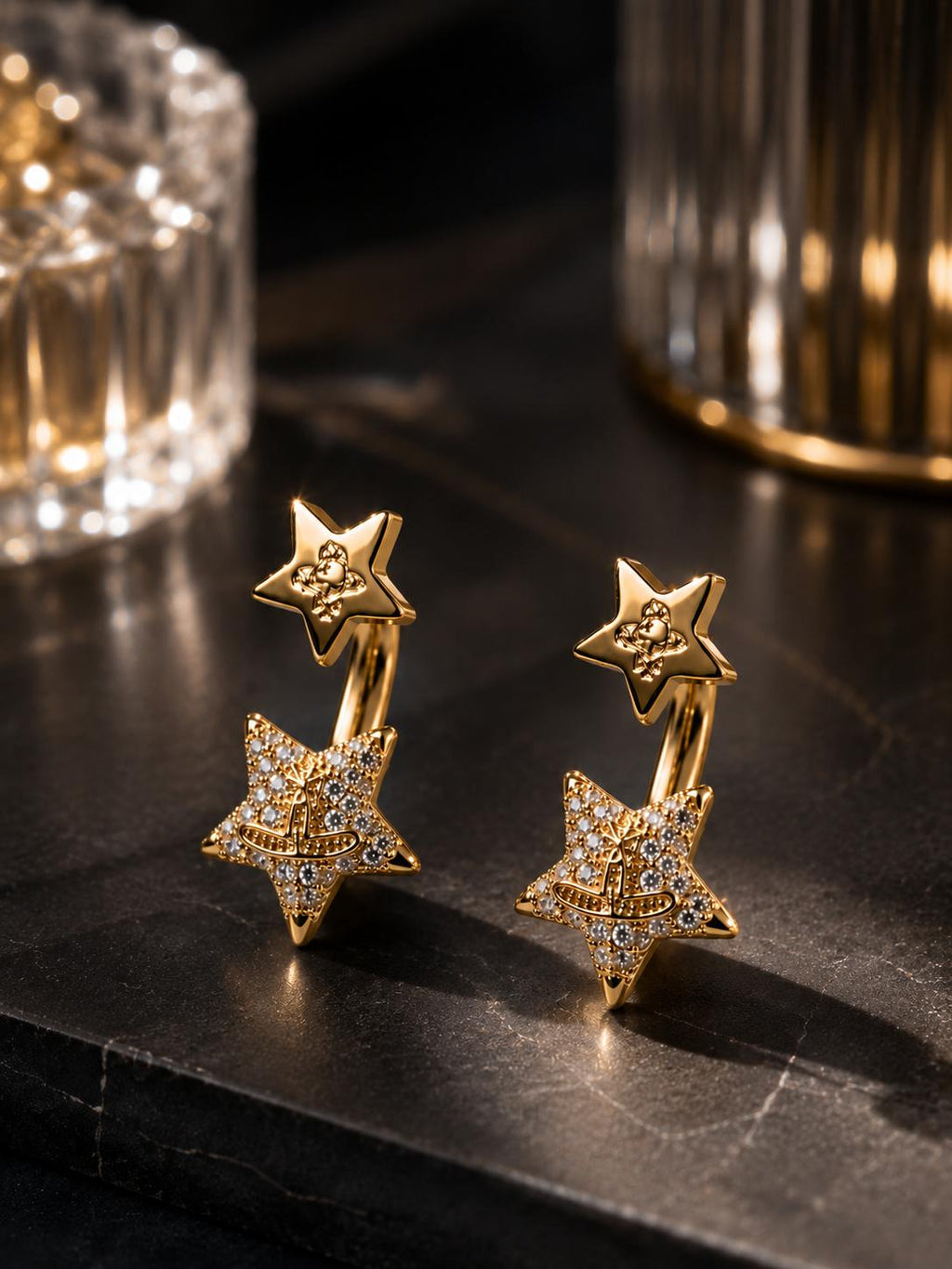 Aretes de doble estrella con circonitas brillantes, diseño vintage elegante, joyería fina SUY para mujer