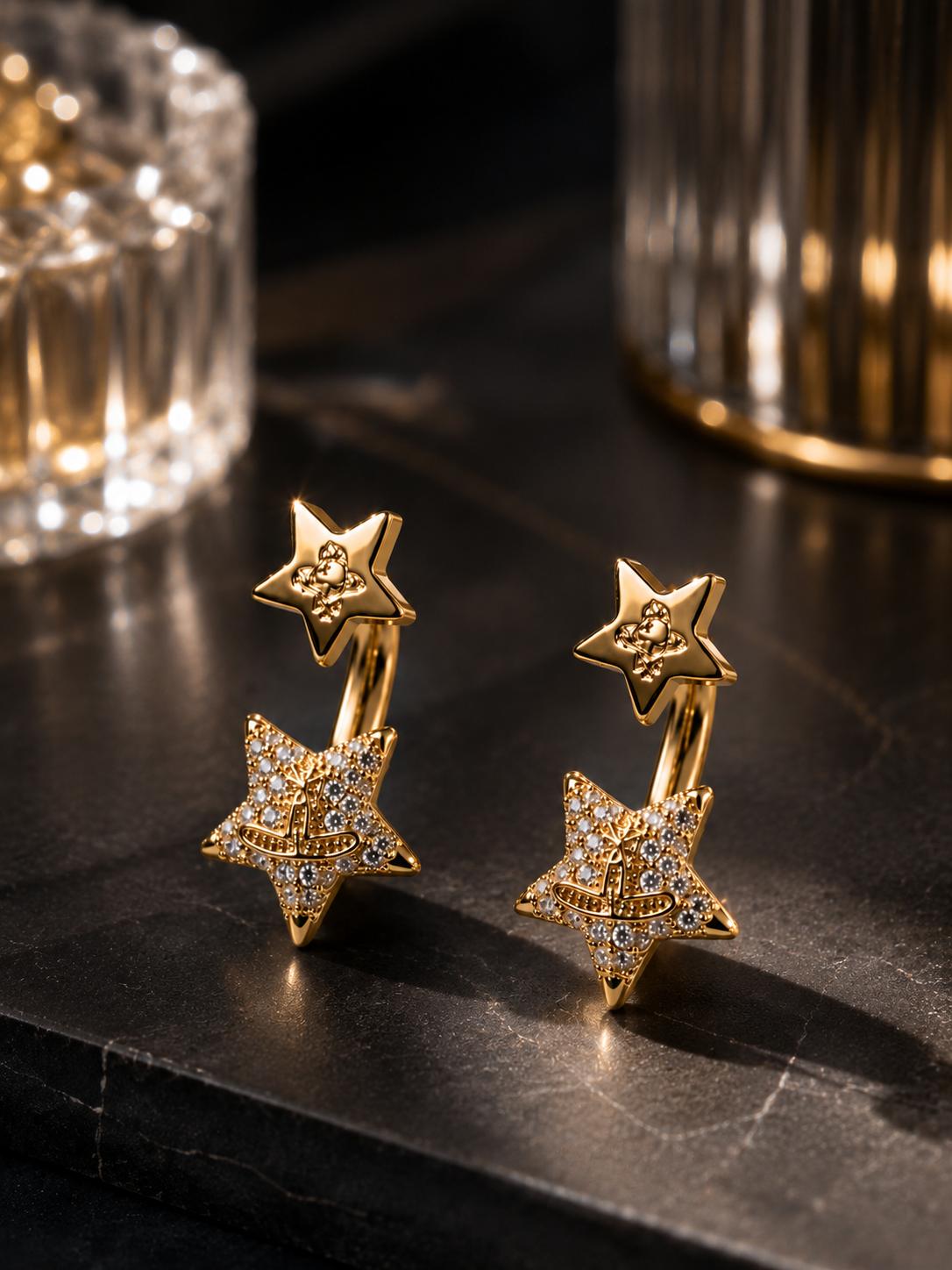 Aretes de doble estrella con circonitas brillantes, diseño vintage elegante, joyería fina SUY para mujer