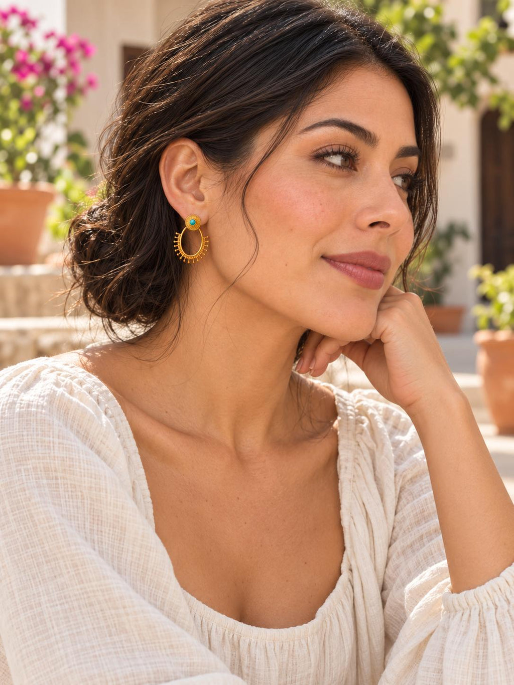 Aretes grandes bohemios diseño sol con piedra turquesa, joyería étnica para mujer SUY