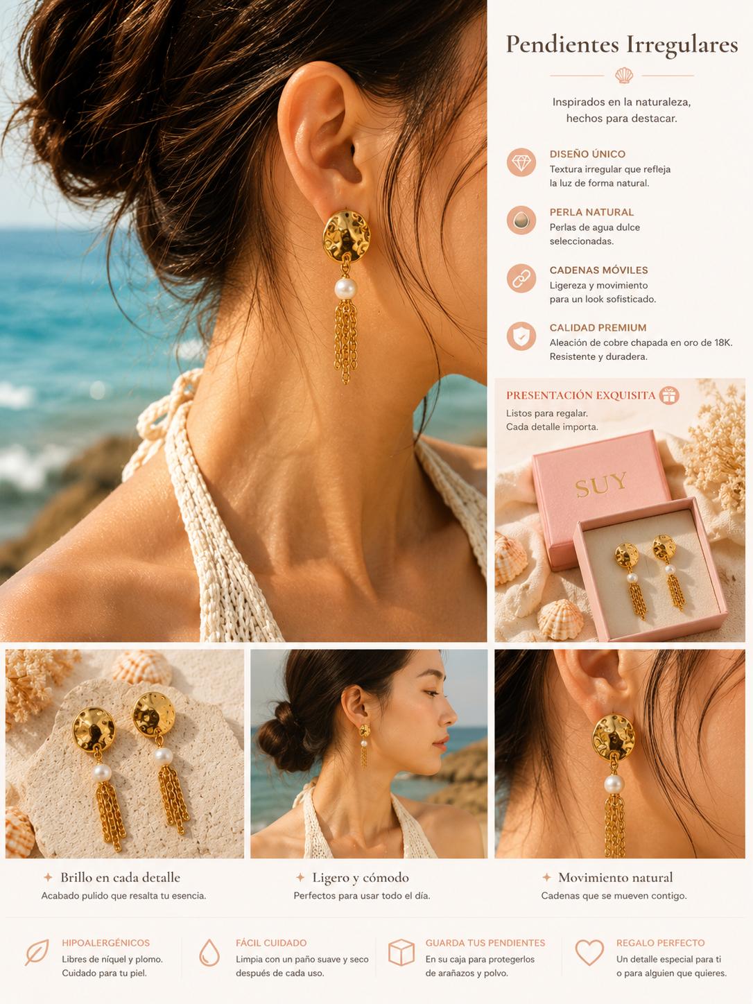 Aretes largos dorados texturizados con perla y fleco de cadena, joyería moderna para mujer SUY