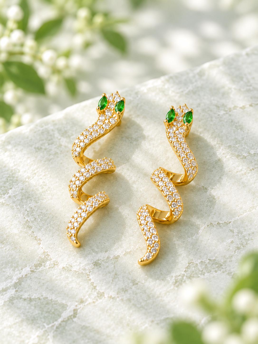 Aretes dorados en forma de serpiente con circonitas verdes SUY, pendientes moda mujer