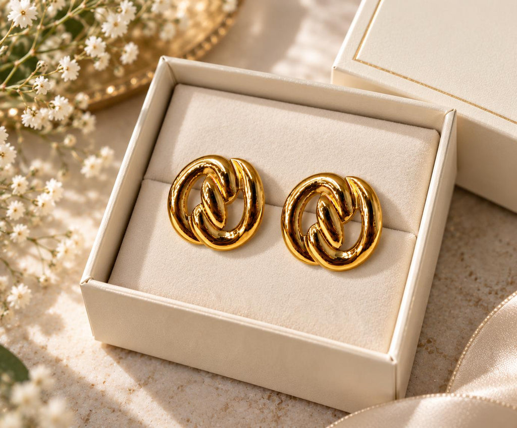 Aretes dorados de eslabones entrelazados para mujer, estilo moderno y elegante
