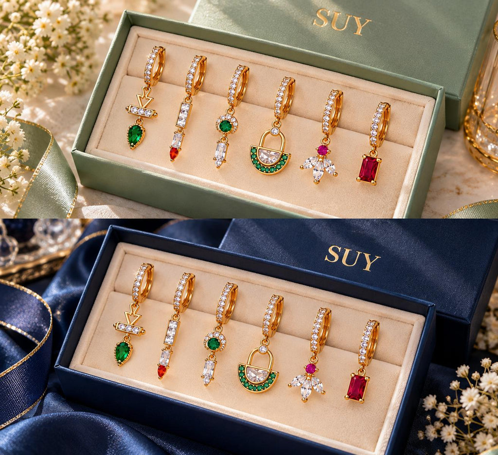 Set de Aretes Huggie Dorados con Zirconias y Dijes de Colores, Estilo Elegante y Moderno