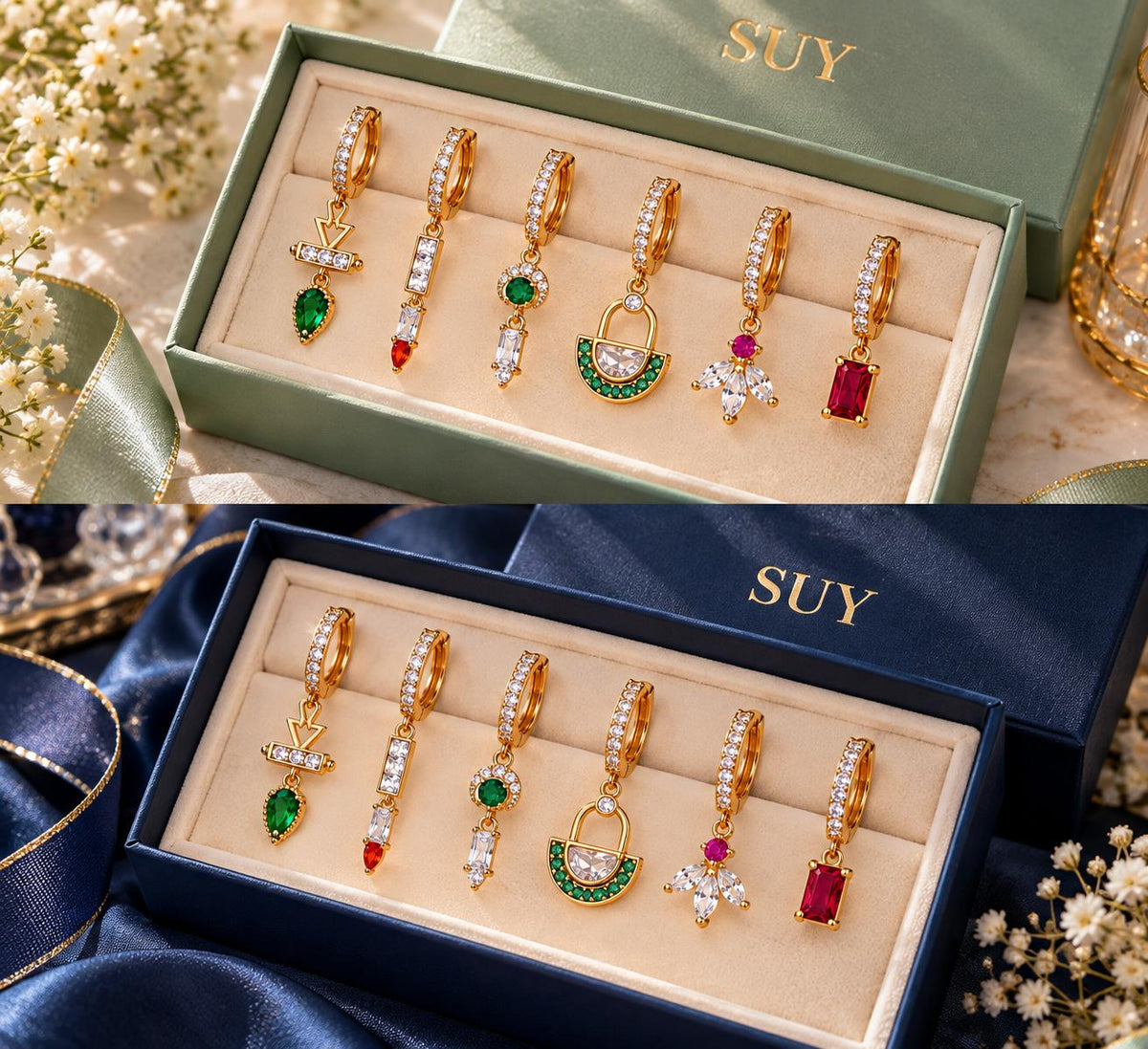 Set de Aretes Huggie Dorados con Zirconias y Dijes de Colores, Estilo Elegante y Moderno