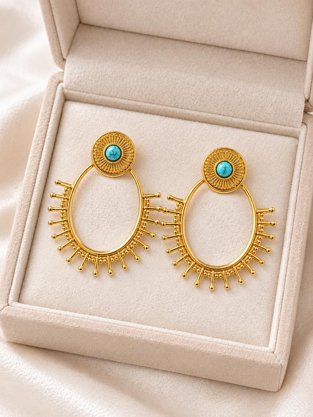 Aretes grandes bohemios diseño sol con piedra turquesa, joyería étnica para mujer SUY