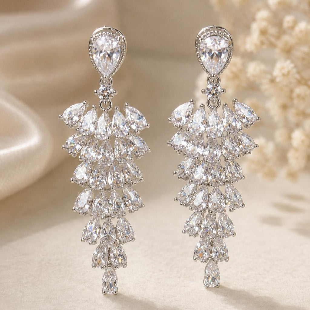 Sin níquel / Antialérgico, Aretes largos de borla con circonita en forma de gota, aretes elegantes para fiesta y boda SUY