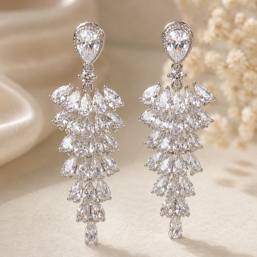 Sin níquel / Antialérgico, Aretes largos de borla con circonita en forma de gota, aretes elegantes para fiesta y boda SUY