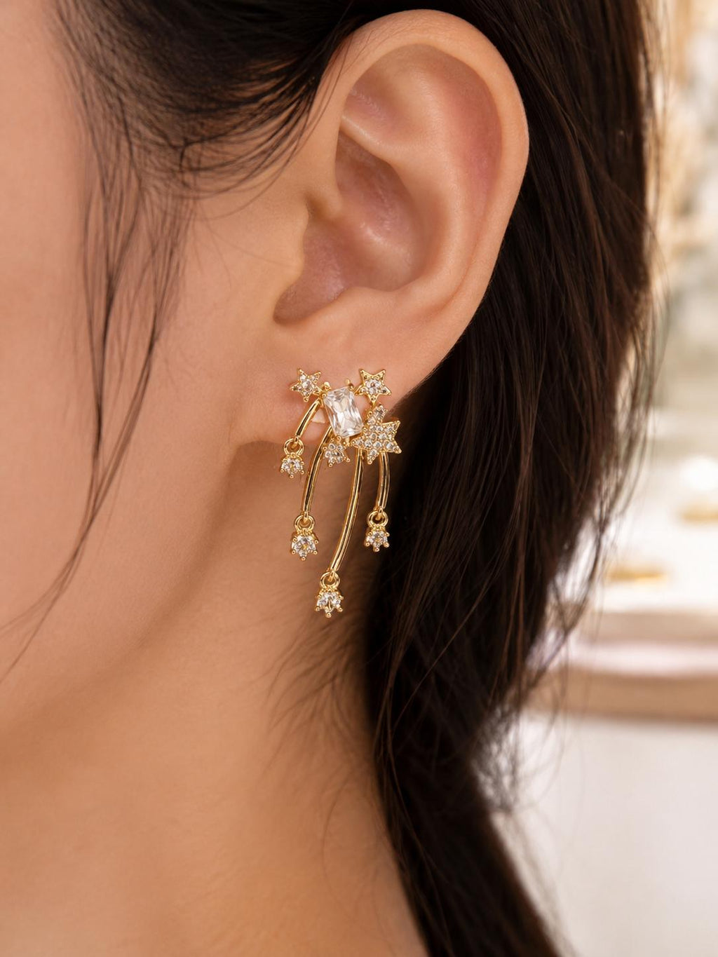 Aretes dorados de estrellas y cometa con circonita, aretes largos románticos para mujer SUY