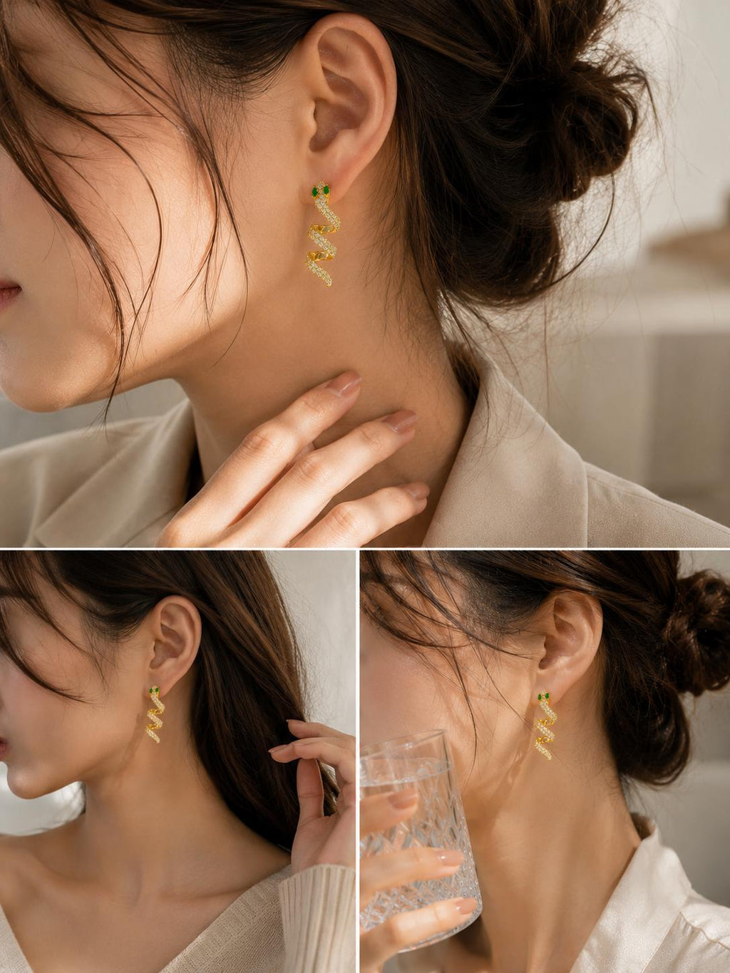 Aretes dorados en forma de serpiente con circonitas verdes SUY, pendientes moda mujer