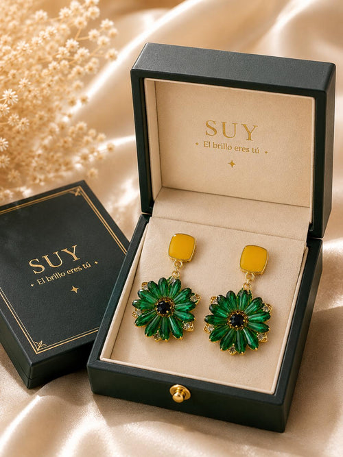 Aretes Colgantes Con Flor De Cristal Verde Y Piedra Cuadrada Amarilla Pendientes Lujosos Para Fiesta Evento SUY