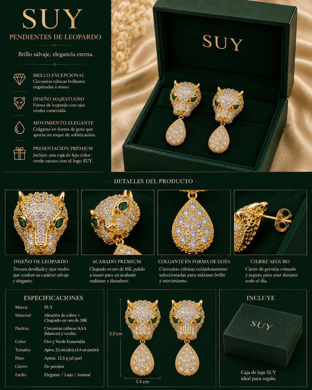 Aretes Lujo Leopardo Zirconias Gotas Brillantes para Fiesta SUY