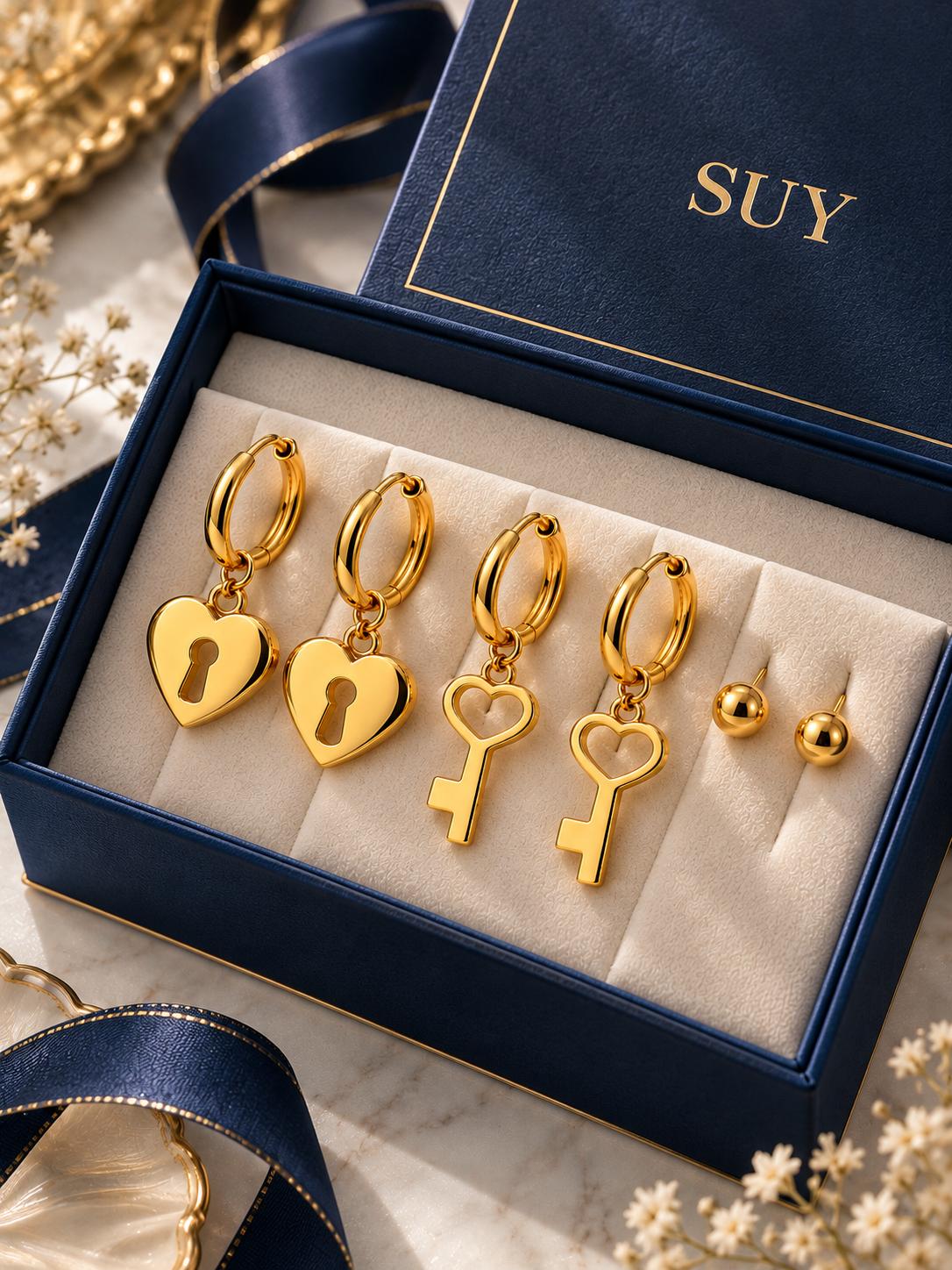 Set de tres pares de aretes dorados, aretes de aro candado y llave de corazón, aretes de bola, joyas de moda SUY