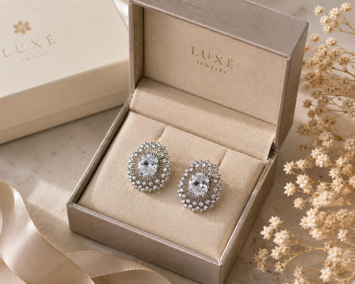 Aretes de Tuerca Ovalados con Piedras Brillantes , Diseño Fiesta Elegante para Mujer SUY