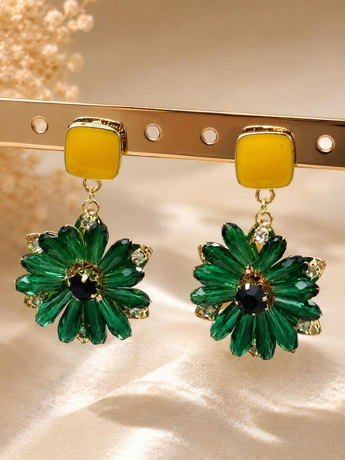Aretes Colgantes Con Flor De Cristal Verde Y Piedra Cuadrada Amarilla Pendientes Lujosos Para Fiesta Evento SUY