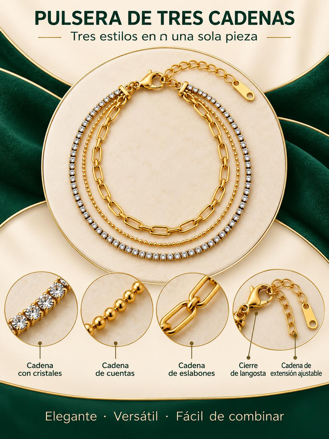 Pulsera doble cadena dorada con circonitas brillantes, pulsera elegante de moda SUY