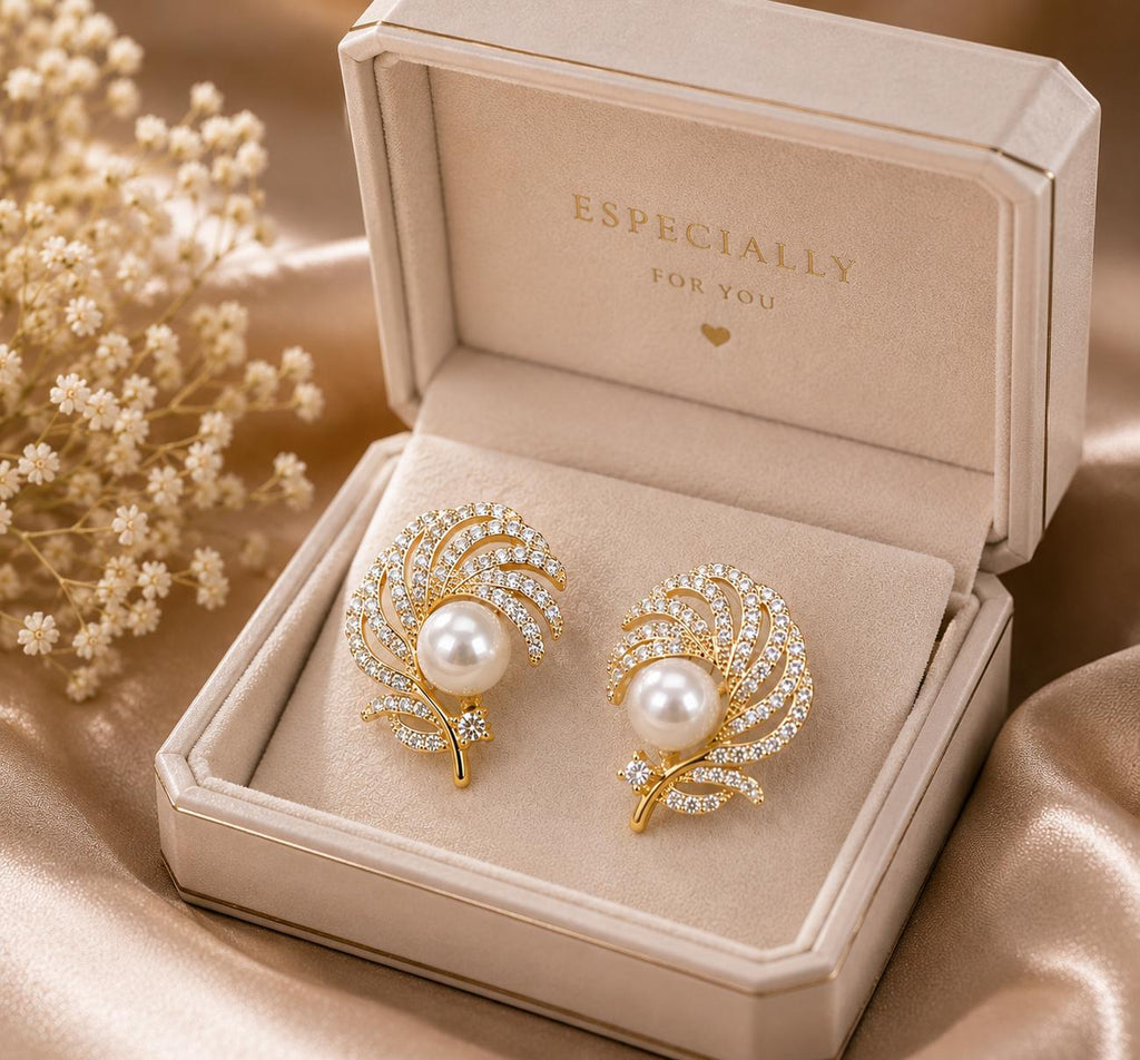 Aretes dorados en forma de pluma con perla y circonita, aretes elegantes para mujer SUY