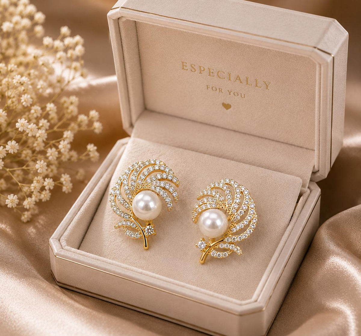 Aretes dorados en forma de pluma con perla y circonita, aretes elegantes para mujer SUY