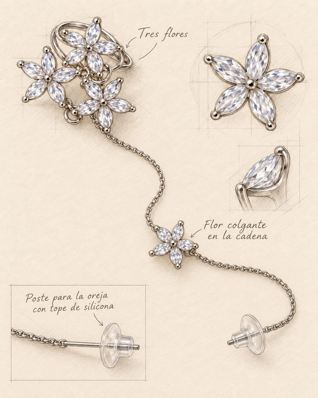 Aretes largos de cadena con flores de circonita, aretes delicados de estilo moderno para mujer SUY