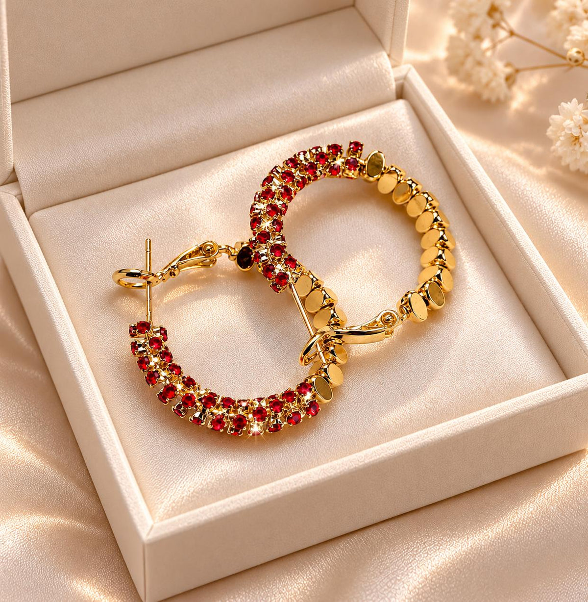 Aretes de aro dorados con circonita roja, aretes llamativos para fiestas y salidas SUY