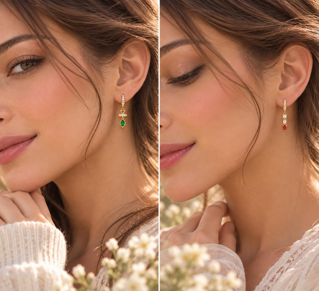 Set de Aretes Huggie Dorados con Zirconias y Dijes de Colores, Estilo Elegante y Moderno