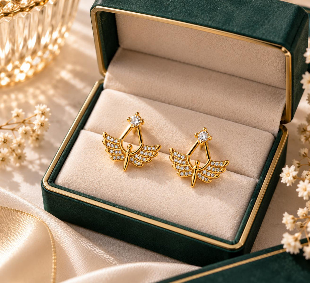 Aretes de ángel con alas y piedras brillantes, color dorado, para mujer – SUY JEWELRY