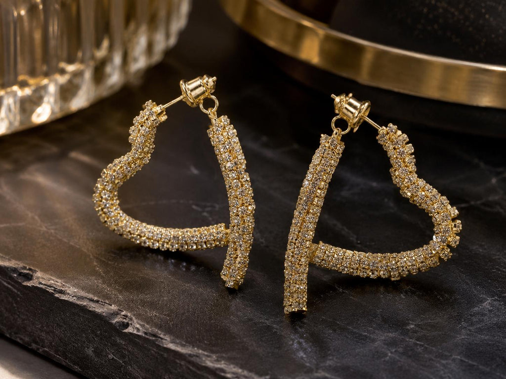 Aretes de aro corazón dorado llenos de circonitas brillantes, aretes llamativos para fiesta, boda, cita y uso diario, joyería de moda para mujer SUY