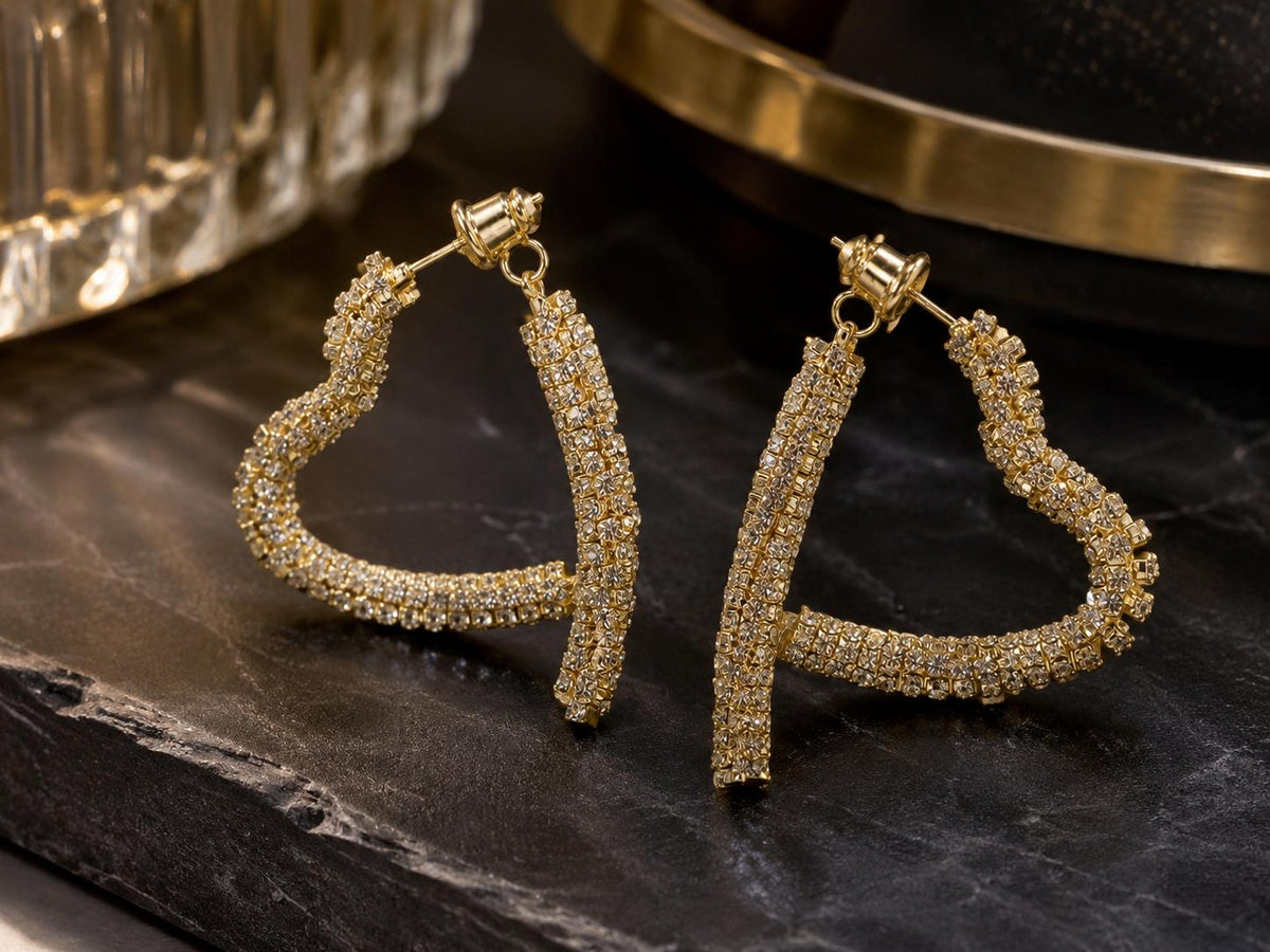 Aretes de aro corazón dorado llenos de circonitas brillantes, aretes llamativos para fiesta, boda, cita y uso diario, joyería de moda para mujer SUY