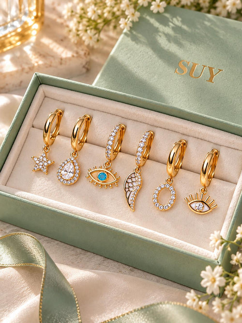 6 aretes individuales dorados ojo turco estrella gota ala zirconia SUY