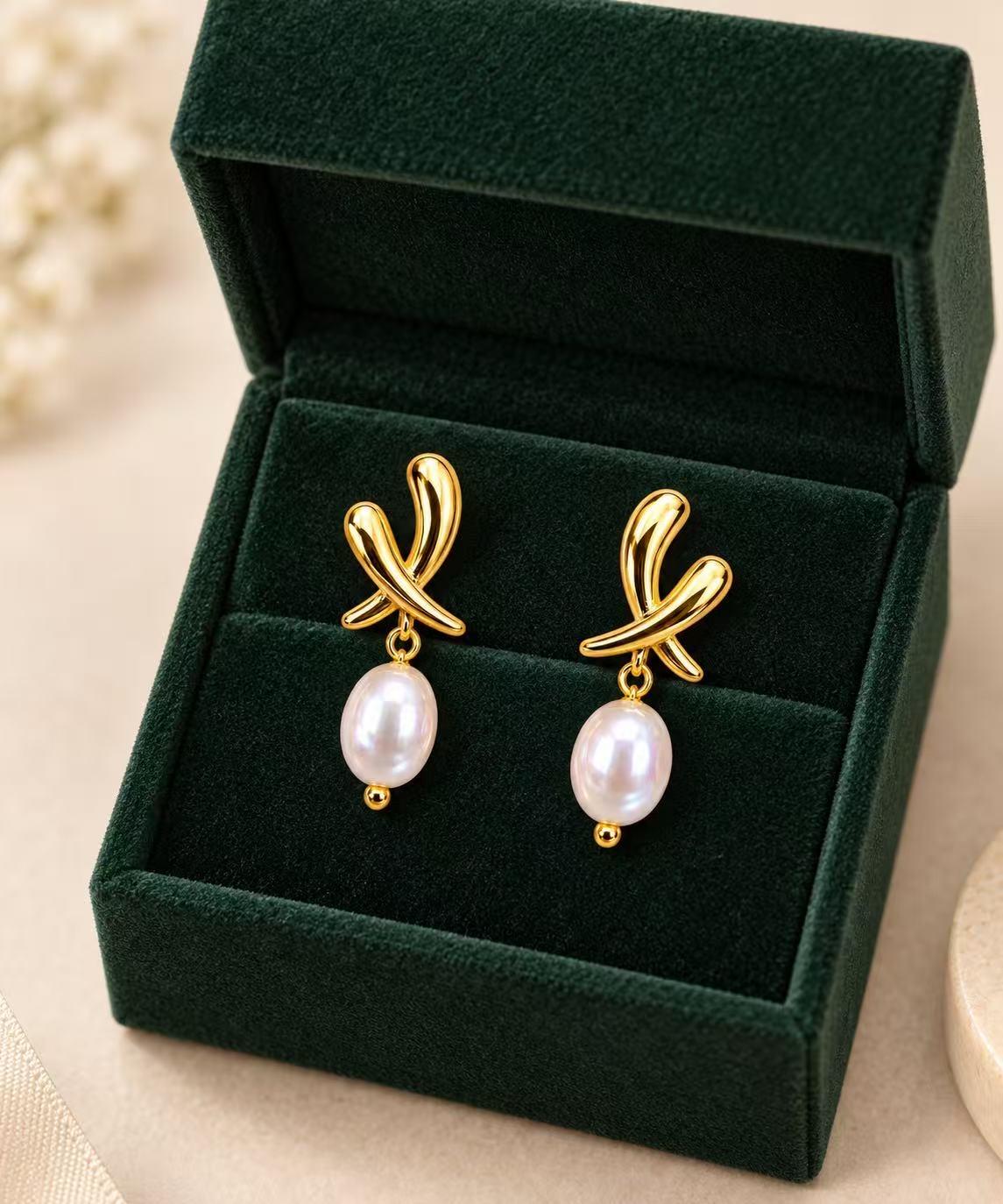 Pendientes aretes dorados diseño cruz con perla sintética,aretes colgantes elegantes para fiesta oficina uso diario joyería mujer SUY