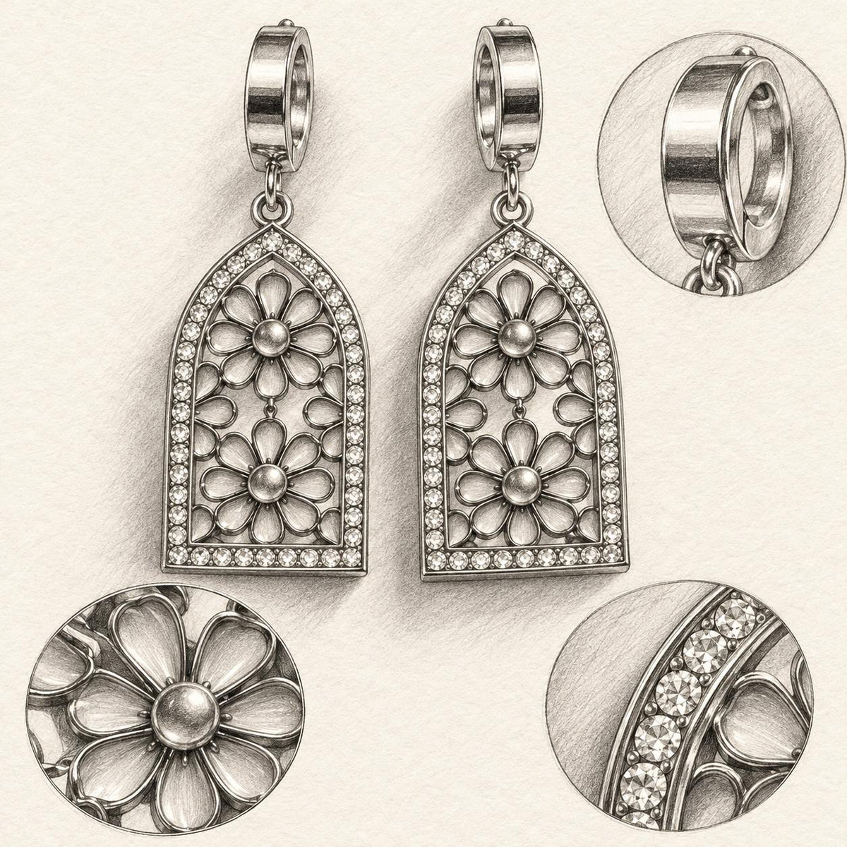 Aretes colgantes de mujer con flores rosas y detalles brillantes, acabado dorado – 1 par