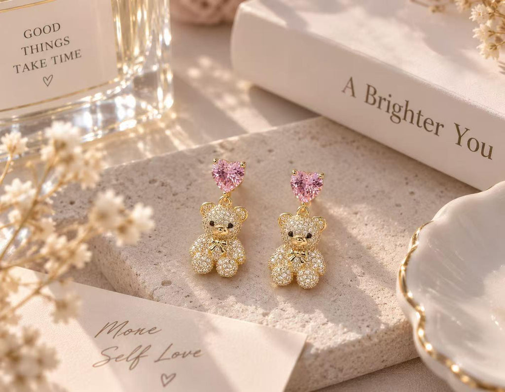 Pendientes de oso dorado con corazón rosa circonitas brillantes, lindo colgante para mujer, accesorio ideal para citas, fiestas y regalo SUY