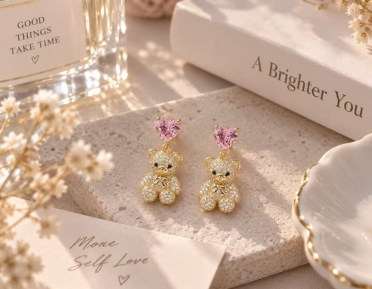Pendientes de oso dorado con corazón rosa circonitas brillantes, lindo colgante para mujer, accesorio ideal para citas, fiestas y regalo SUY
