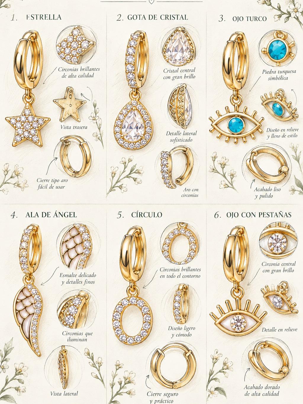 6 aretes individuales dorados ojo turco estrella gota ala zirconia SUY