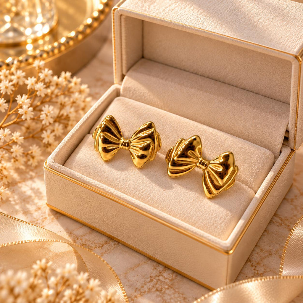 Aretes de Moño para Mujer en Tono Dorado, Diseño con Relieve y Acabado Brillante, 1 Par