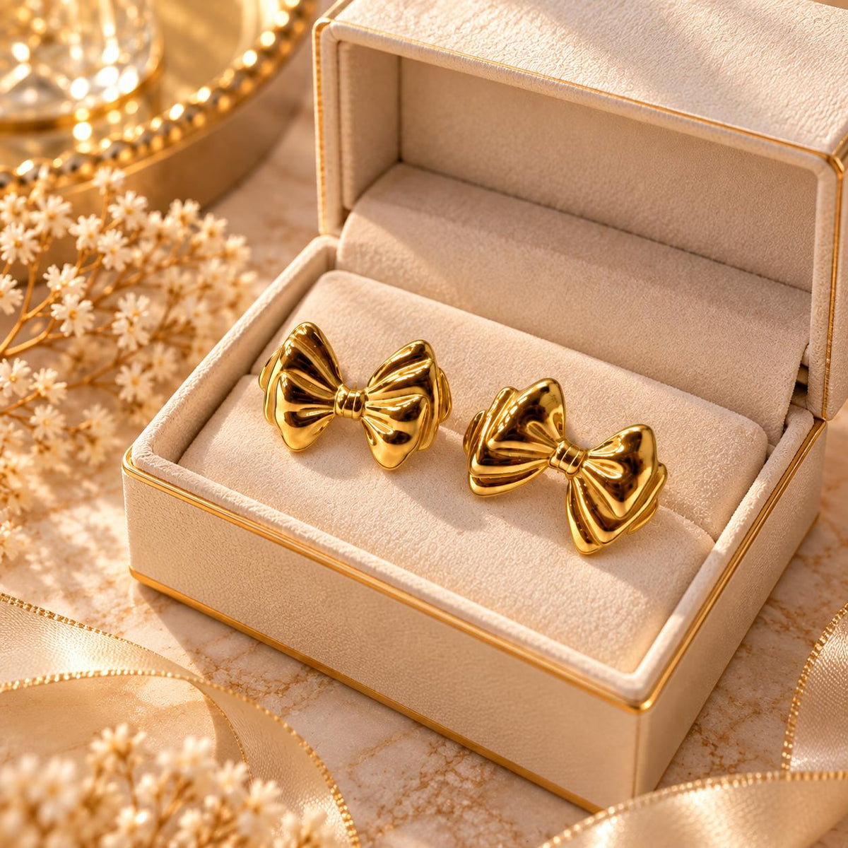 Aretes de Moño para Mujer en Tono Dorado, Diseño con Relieve y Acabado Brillante, 1 Par