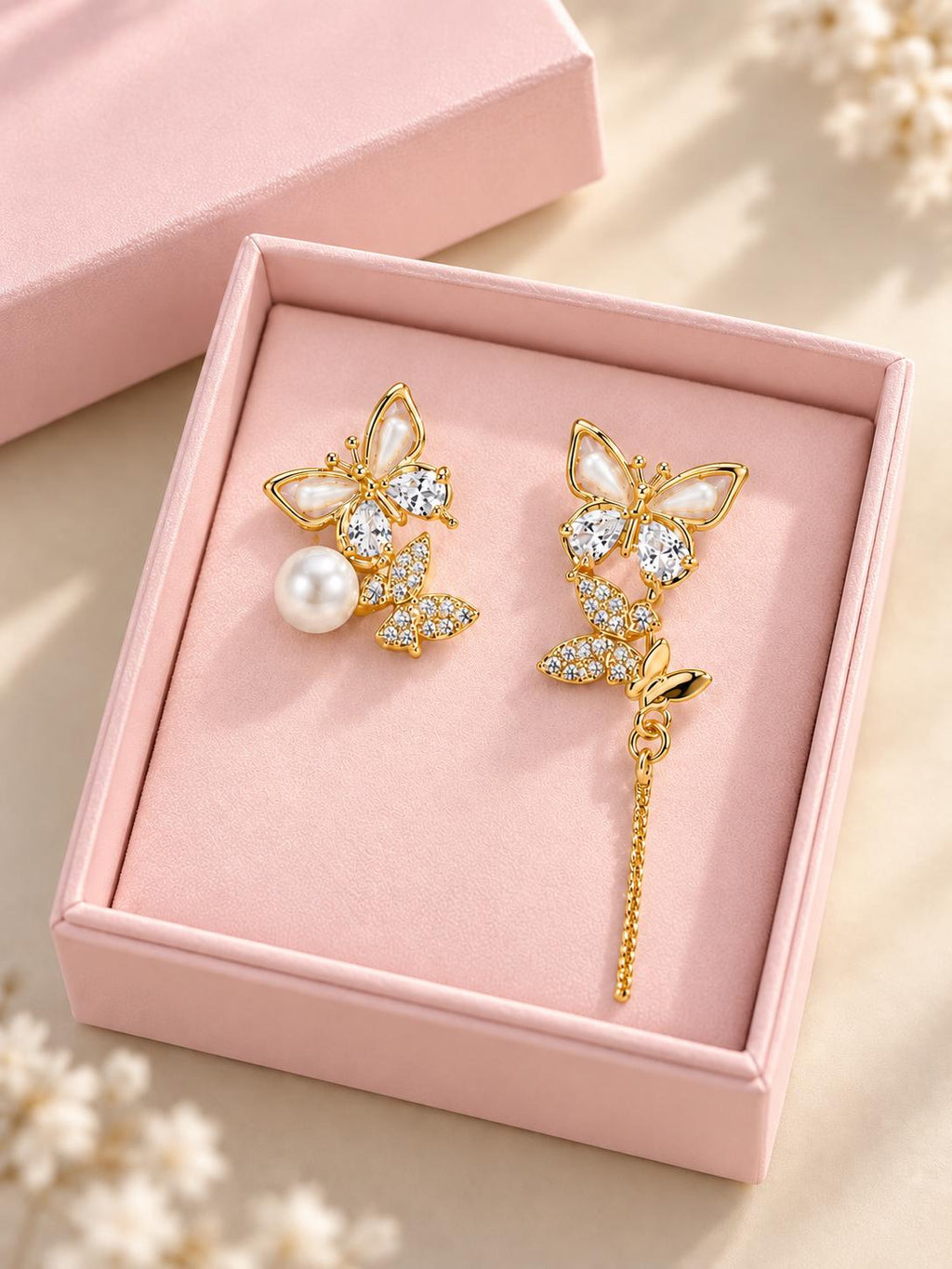 Pendientes asimétricos de mariposa con perla y circonias, joyería elegante para mujer SUY