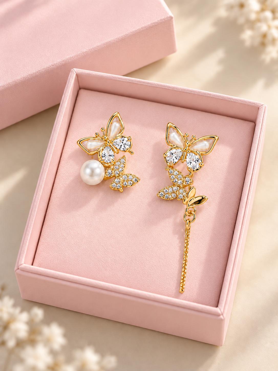 Pendientes asimétricos de mariposa con perla y circonias, joyería elegante para mujer SUY