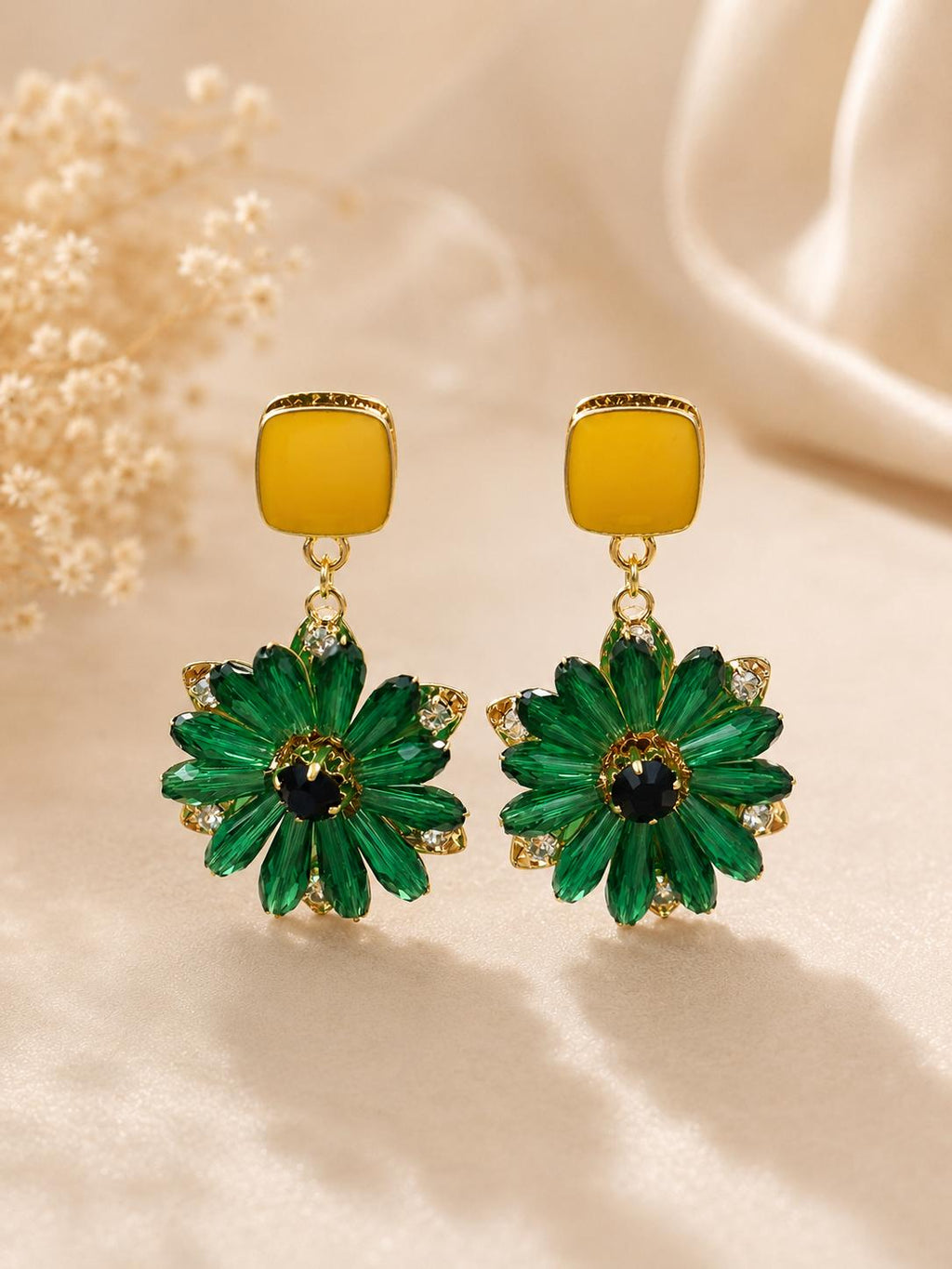 Aretes Colgantes Con Flor De Cristal Verde Y Piedra Cuadrada Amarilla Pendientes Lujosos Para Fiesta Evento SUY