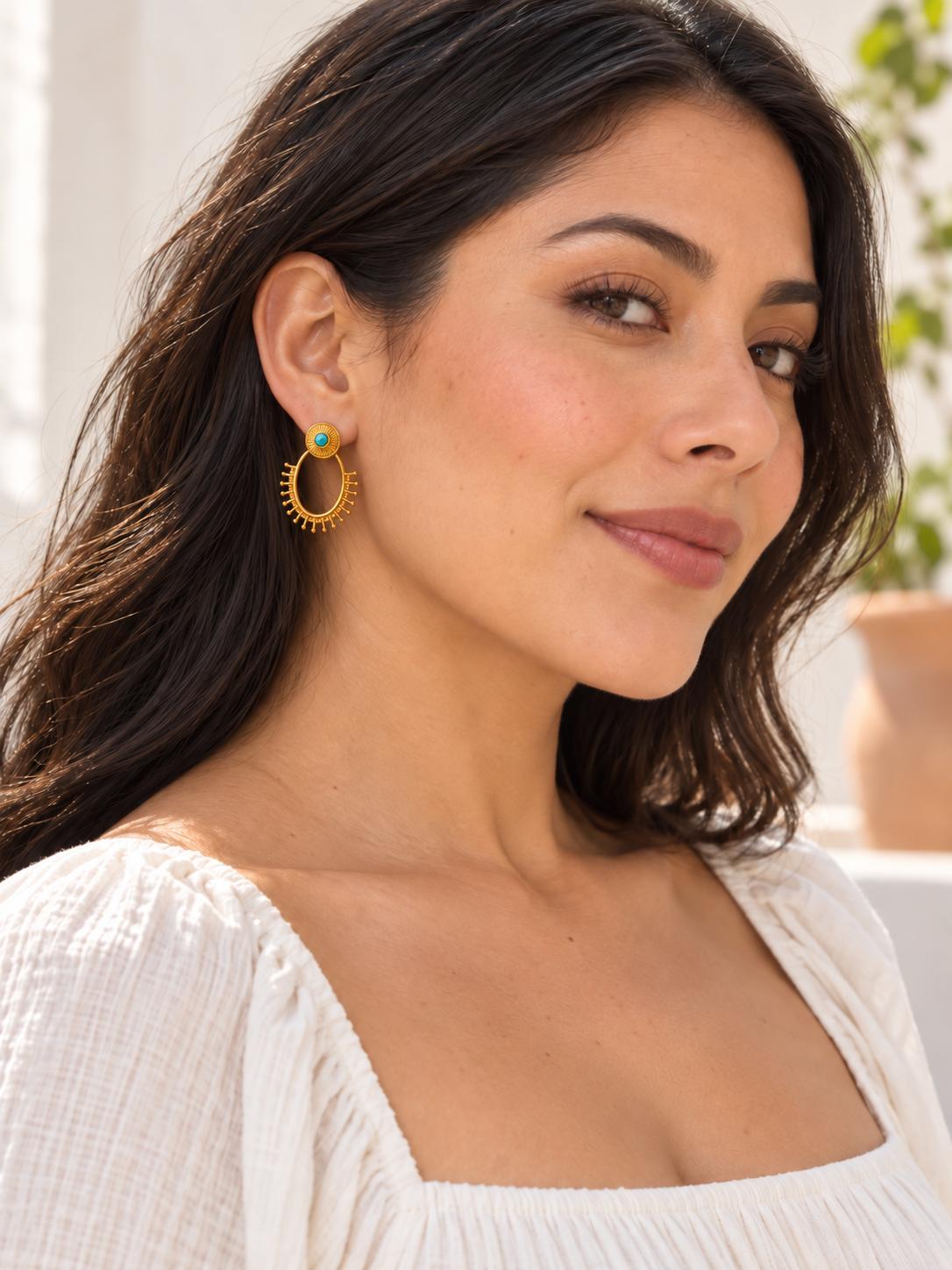 Aretes grandes bohemios diseño sol con piedra turquesa, joyería étnica para mujer SUY