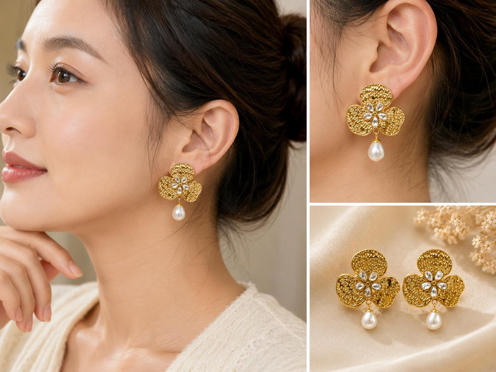 Aretes dorados flor con circonitas y perla colgante SUY, pendientes vintage mujer